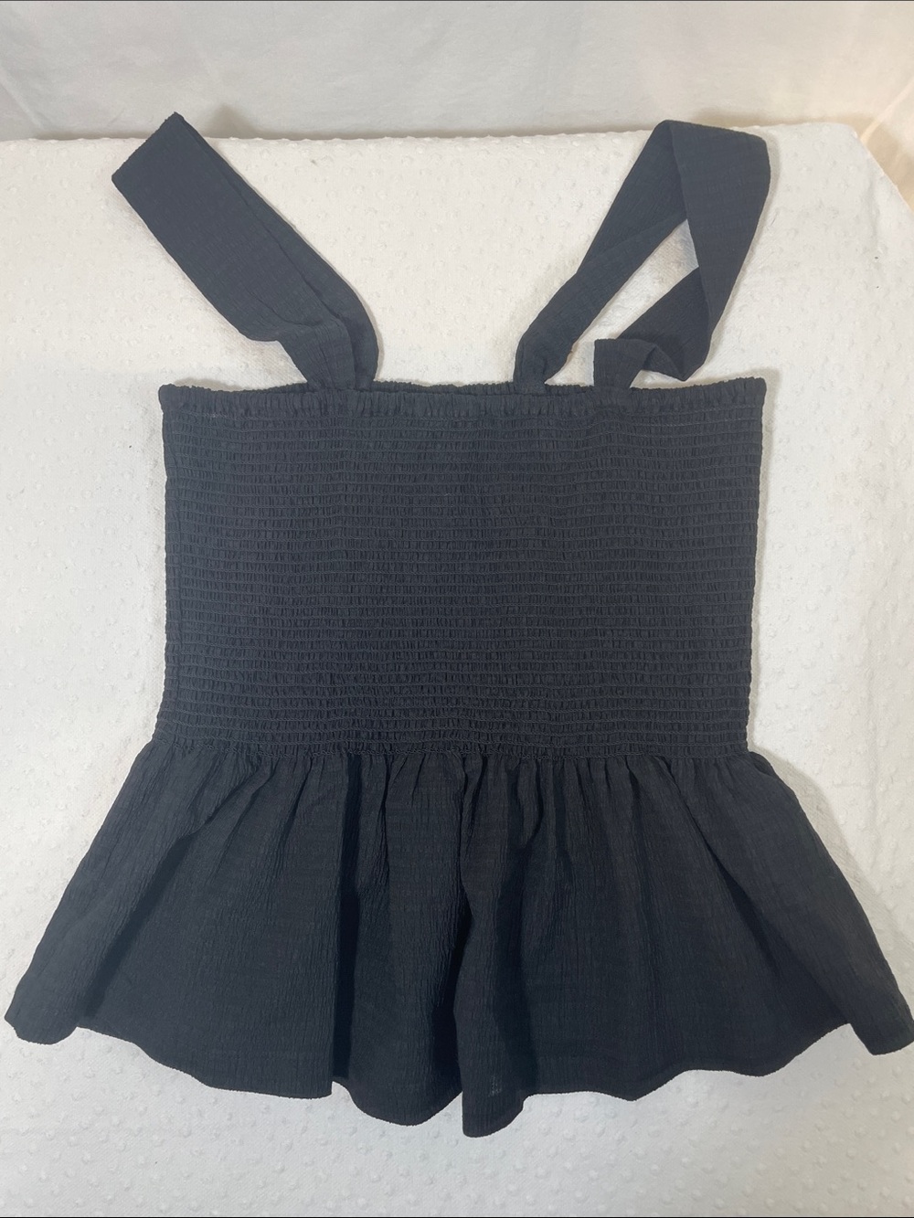 Madewell Black Smocked Peplum Camisole babydoll 90s crop tank romance boho poet